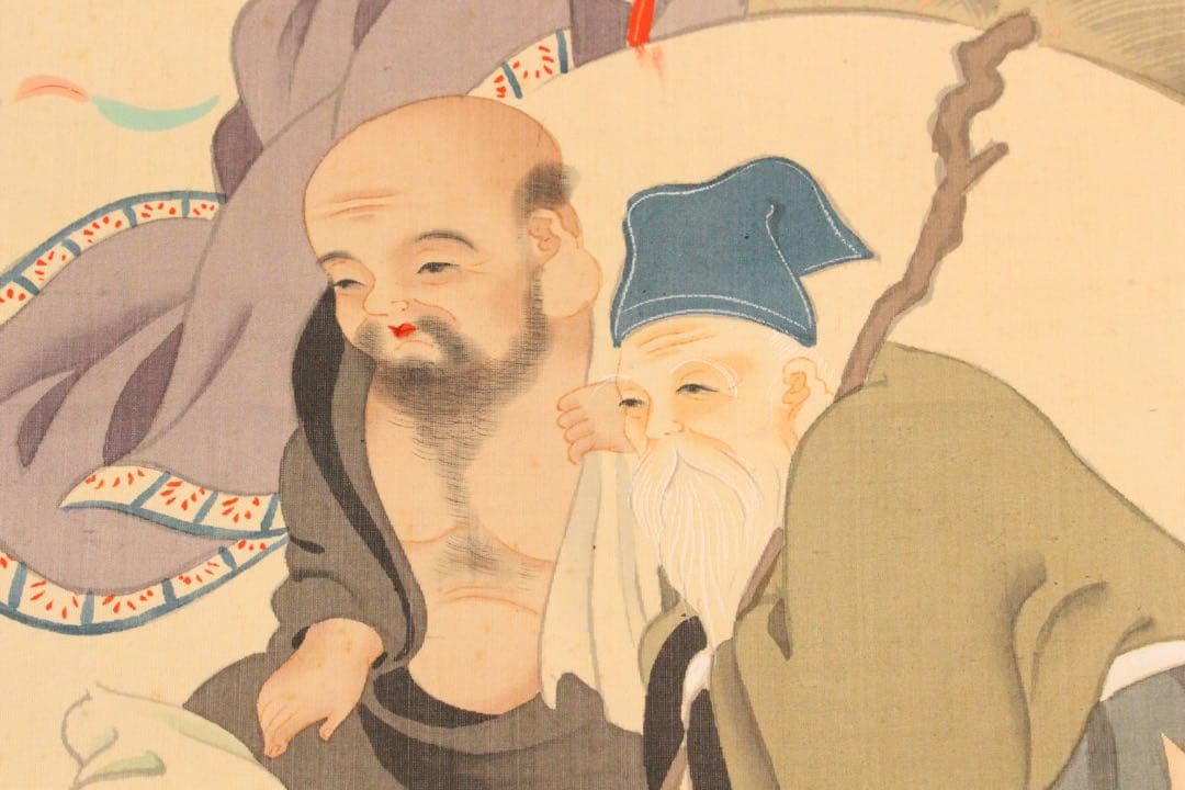 No4979 掛軸　在銘　雲海　七福神唐子図　絹本着色　合箱　神仏画　送料無料