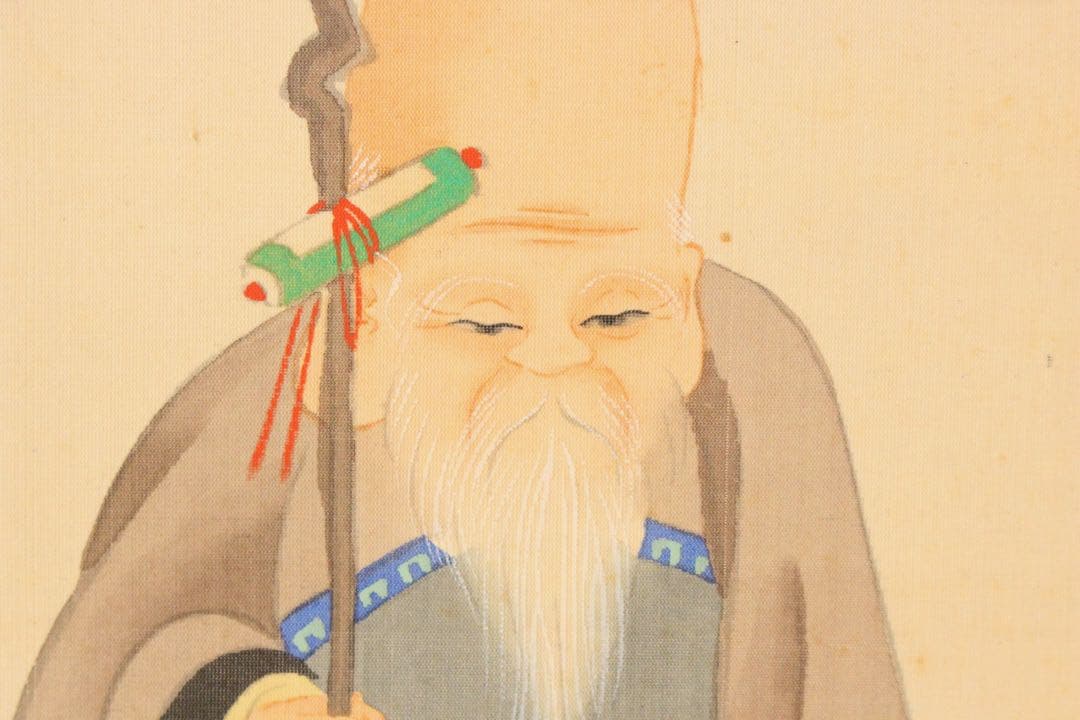 No4979 掛軸　在銘　雲海　七福神唐子図　絹本着色　合箱　神仏画　送料無料