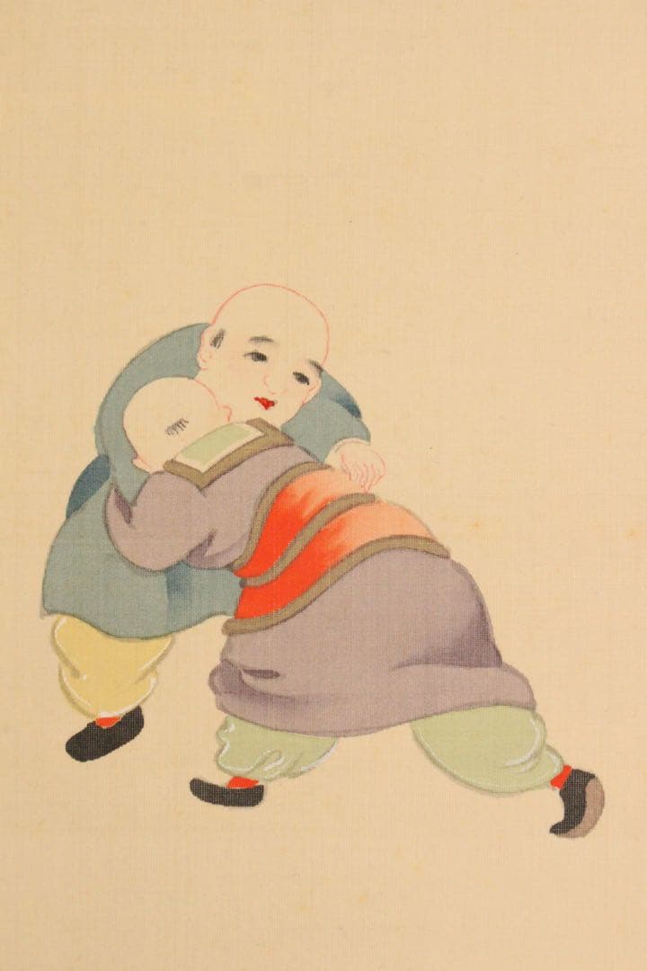 No4979 掛軸　在銘　雲海　七福神唐子図　絹本着色　合箱　神仏画　送料無料