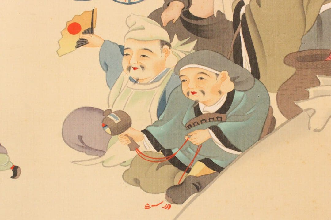 No4979 掛軸　在銘　雲海　七福神唐子図　絹本着色　合箱　神仏画　送料無料