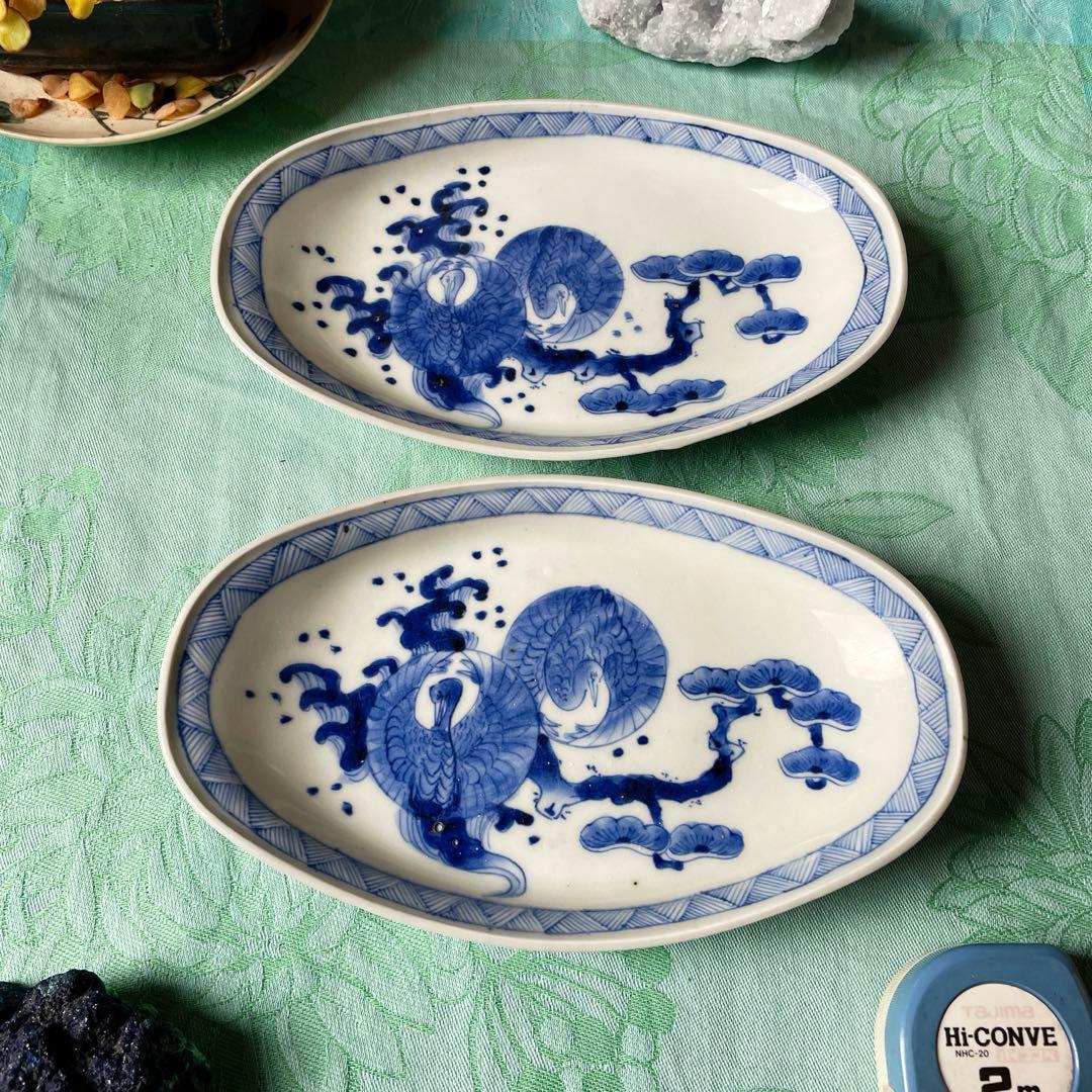 伊万里焼　染付　鶴　松　変形皿　2客