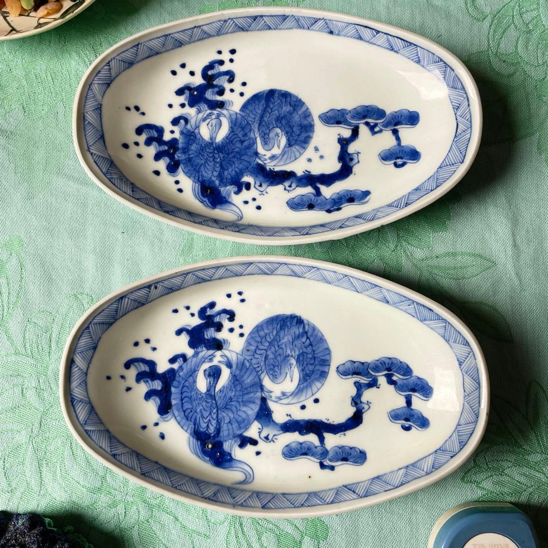 伊万里焼　染付　鶴　松　変形皿　2客