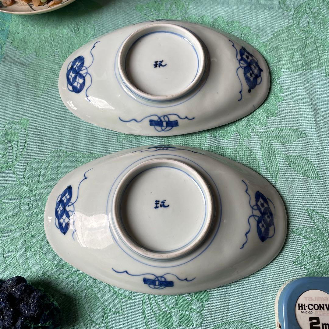 伊万里焼　染付　鶴　松　変形皿　2客