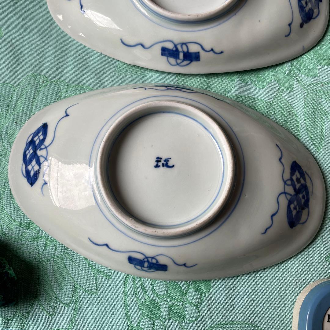 伊万里焼　染付　鶴　松　変形皿　2客