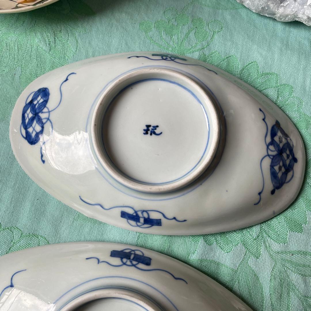 伊万里焼　染付　鶴　松　変形皿　2客