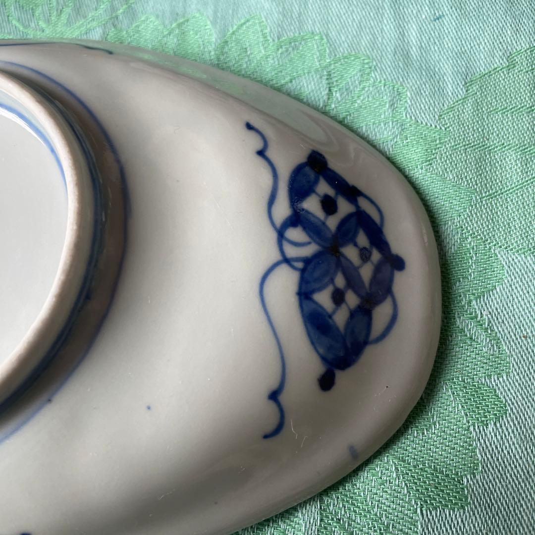 伊万里焼　染付　鶴　松　変形皿　2客