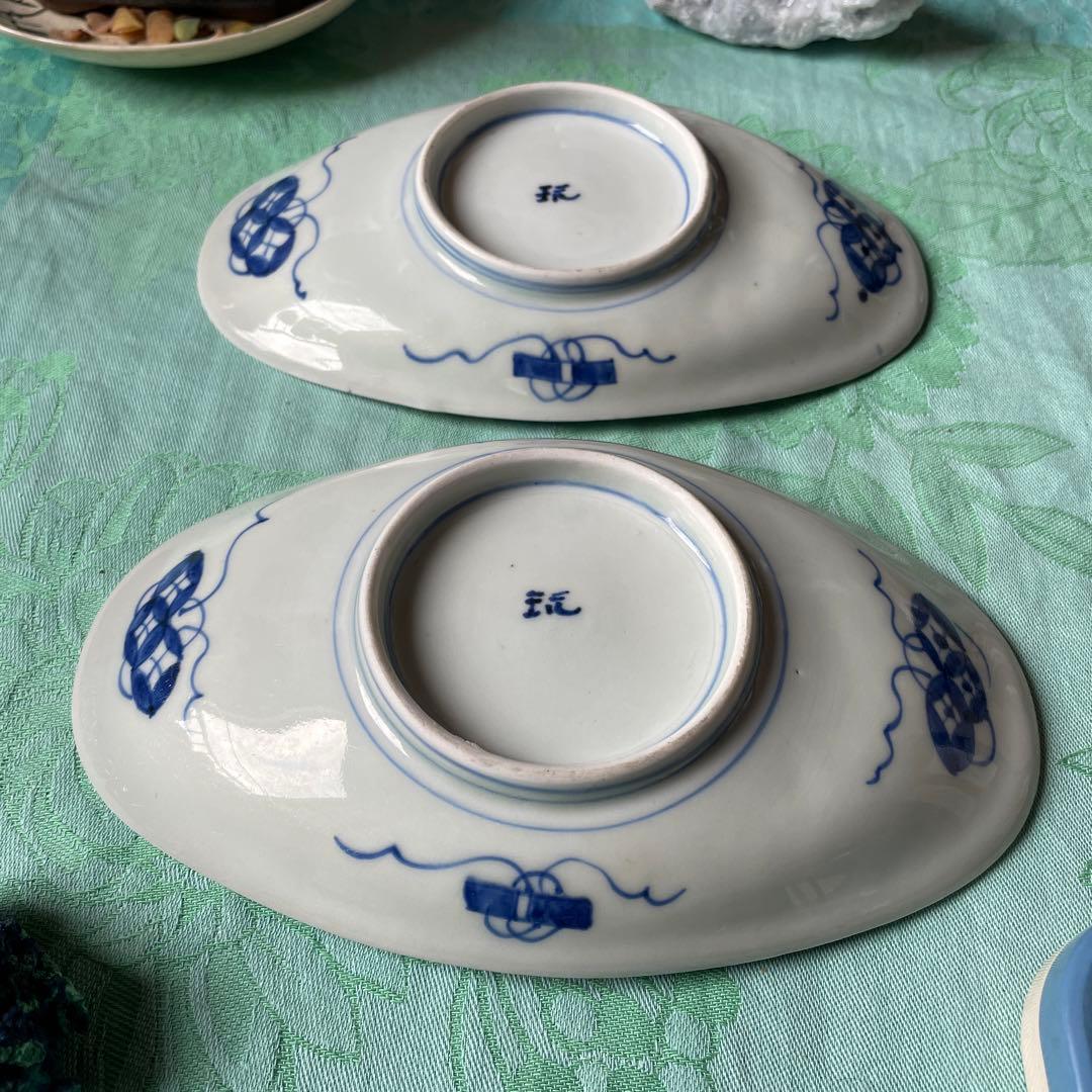 伊万里焼　染付　鶴　松　変形皿　2客