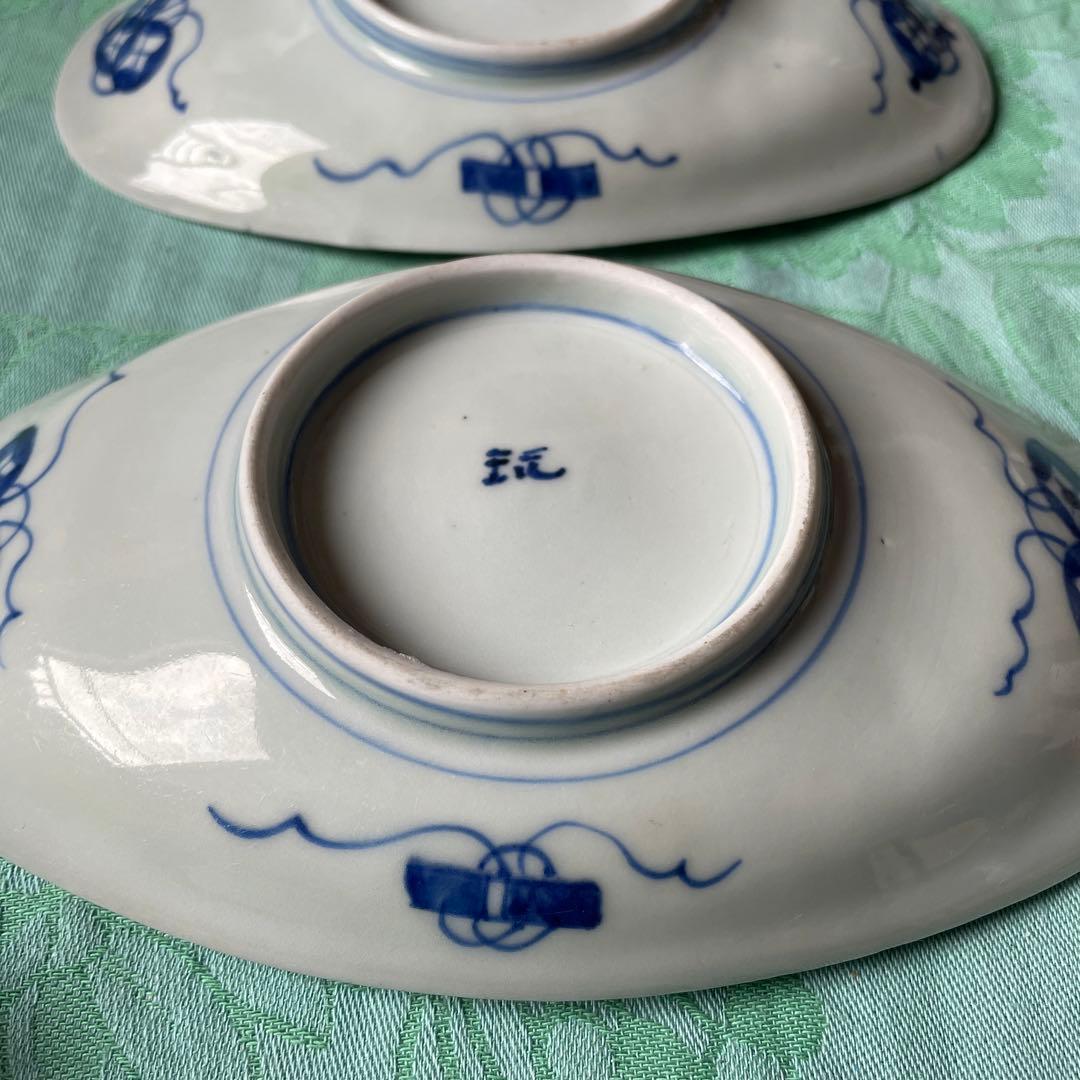 伊万里焼　染付　鶴　松　変形皿　2客