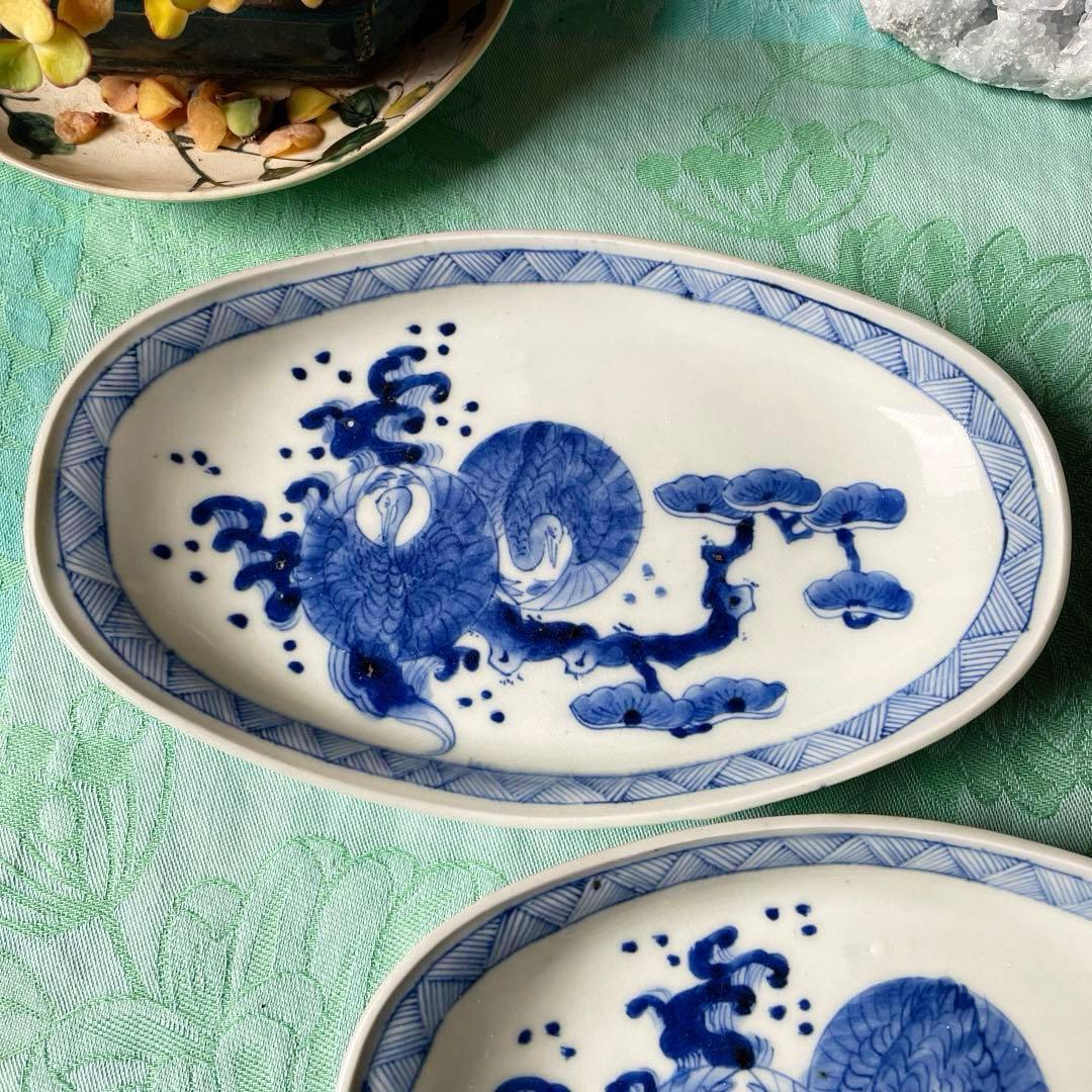 伊万里焼　染付　鶴　松　変形皿　2客