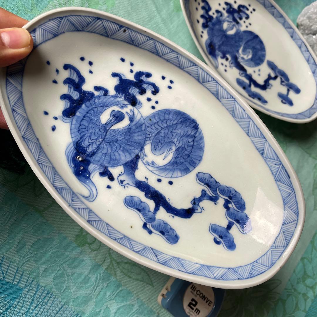 伊万里焼　染付　鶴　松　変形皿　2客