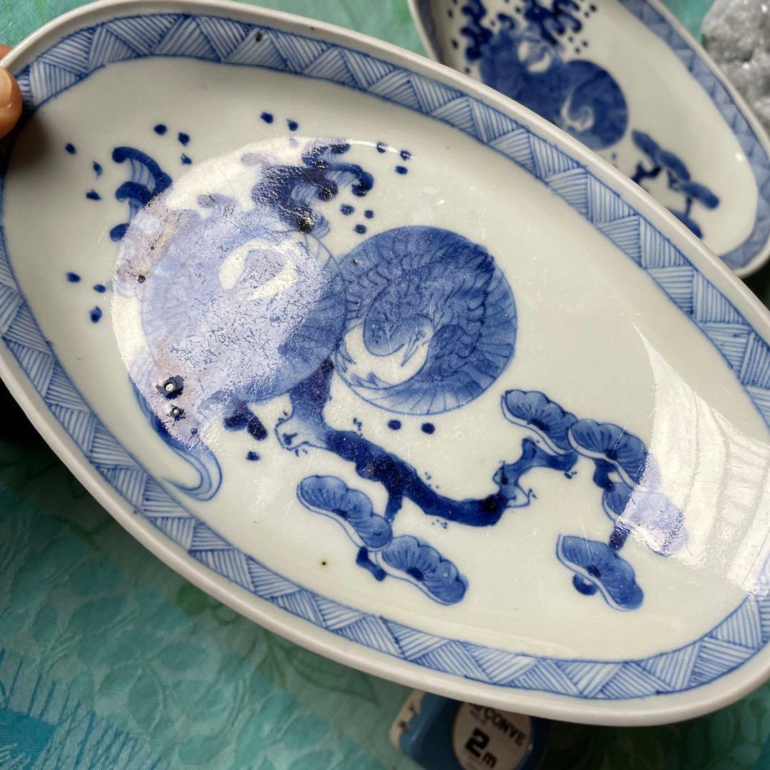 伊万里焼　染付　鶴　松　変形皿　2客