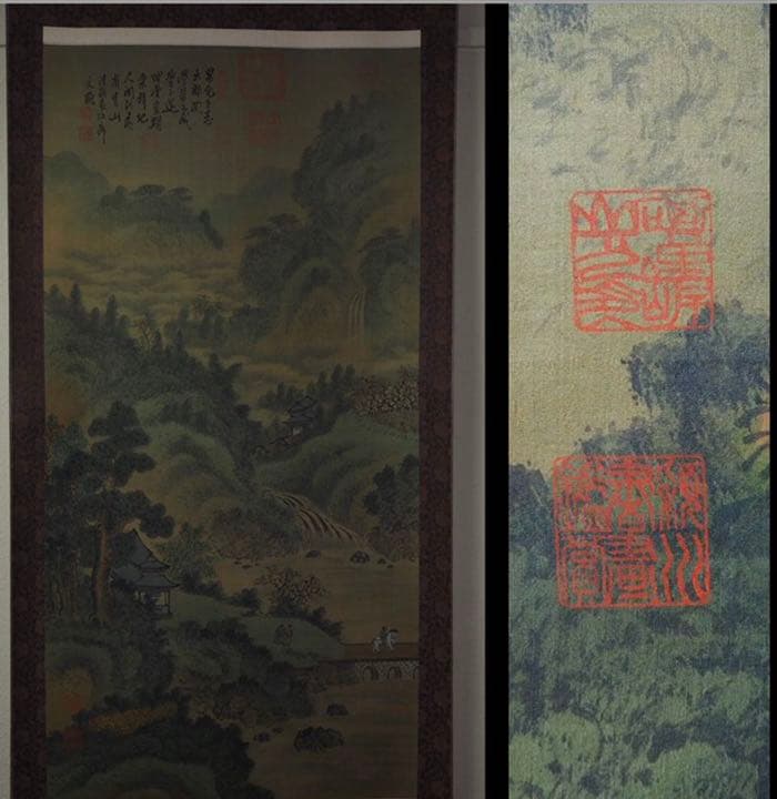 送料無料　陳文翰 倣古山水掛け軸　絹本肉筆　全体188×68.5ｃｍ　中国美術