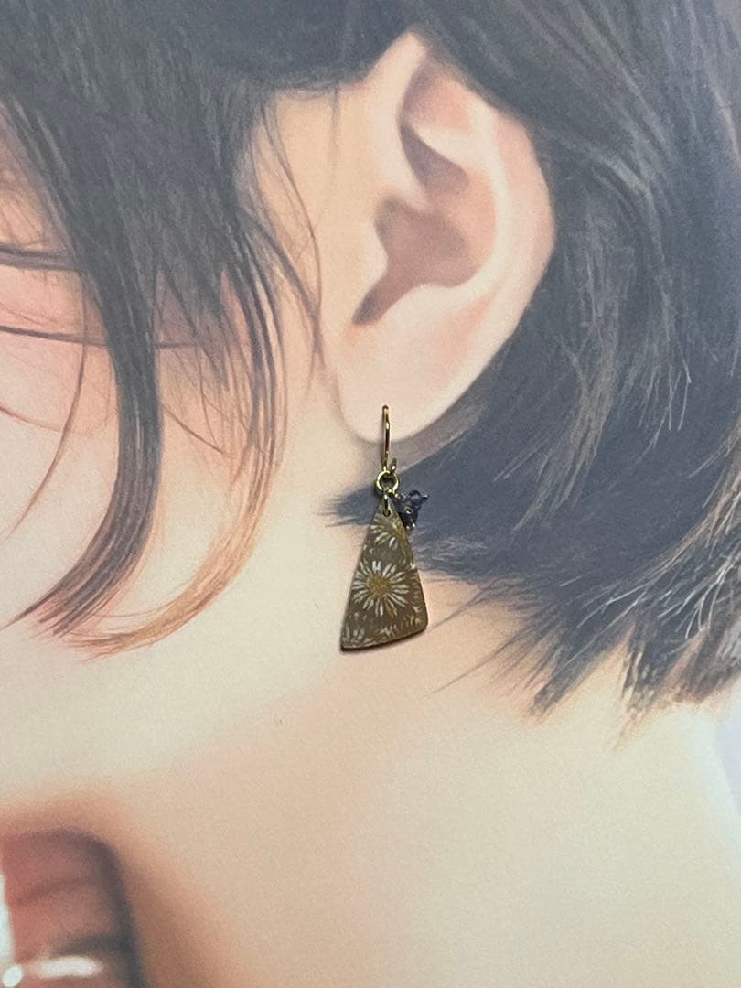 14kgf ブラウンにお花くっきりフォッシルコーラル ピアス+ペントップセット