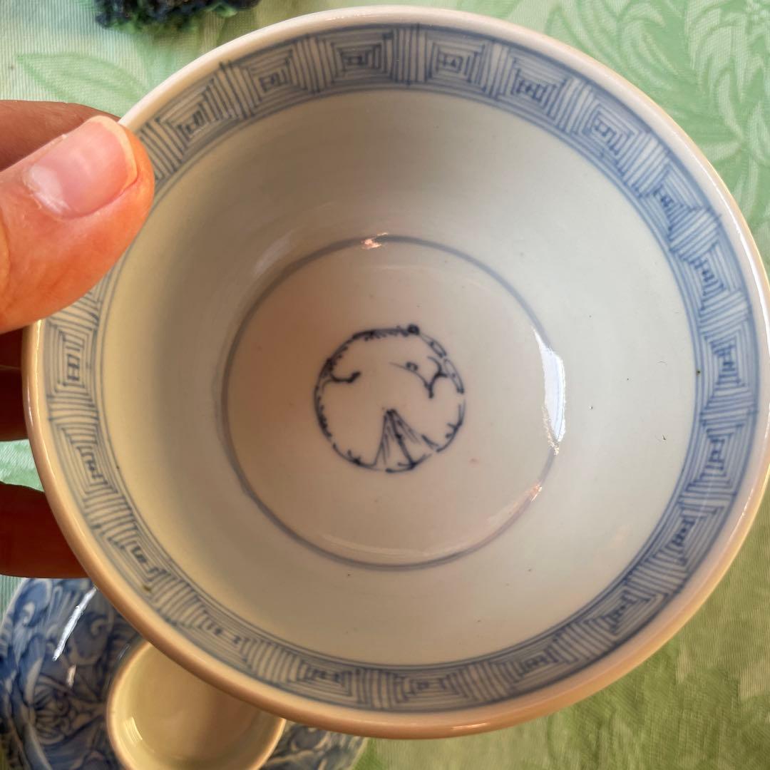 古伊万里　染付　花弁紋　蓋付ご飯茶碗