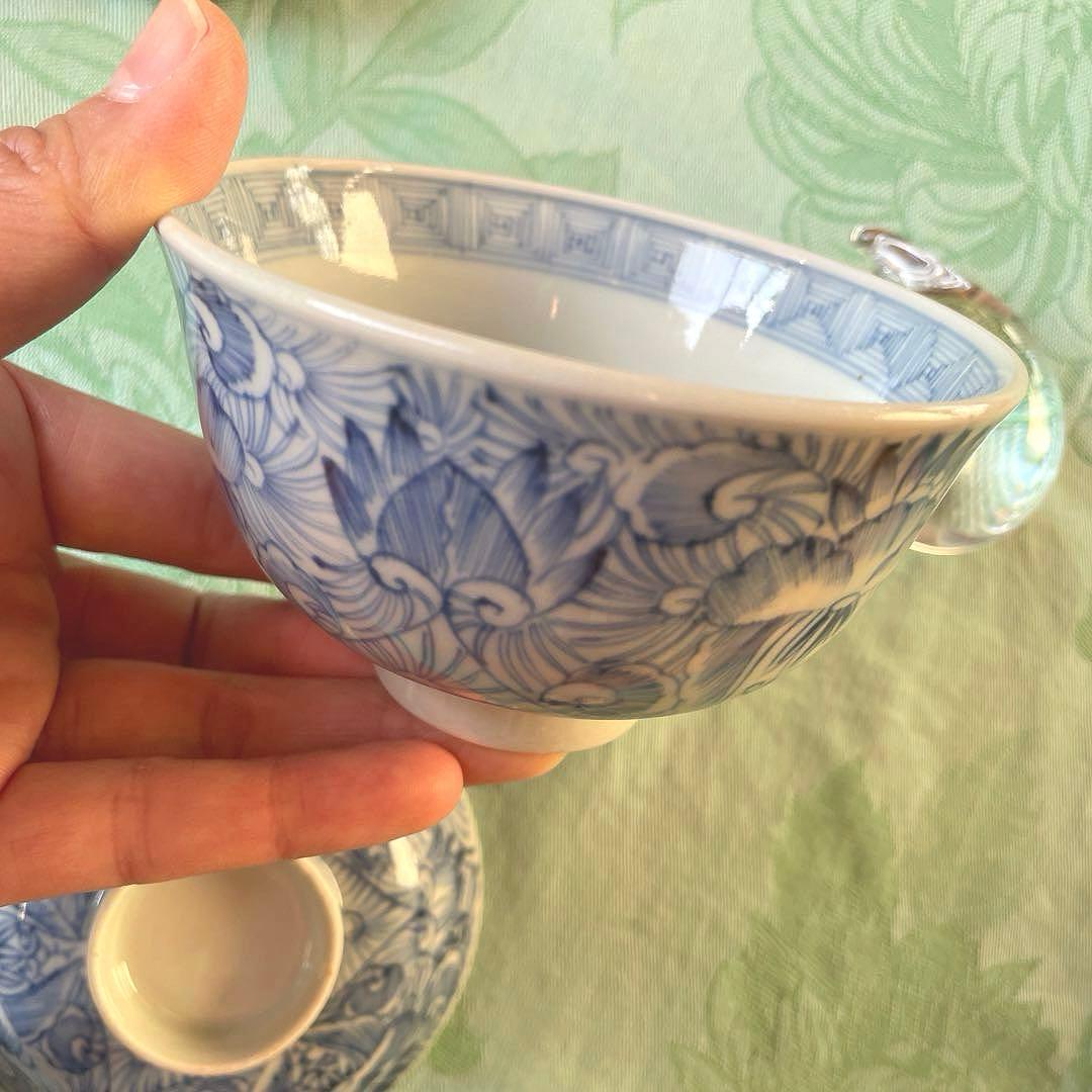 古伊万里　染付　花弁紋　蓋付ご飯茶碗