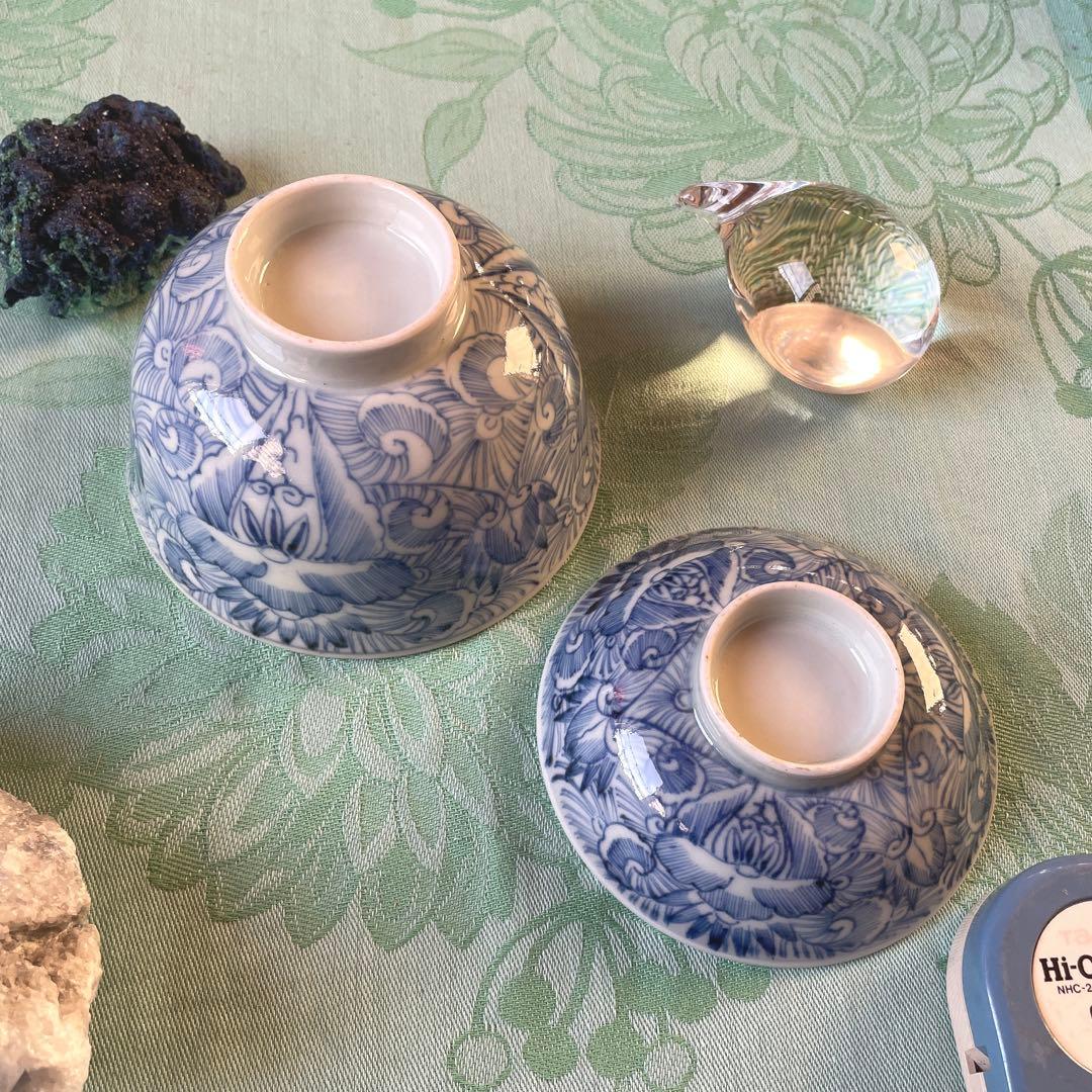 古伊万里　染付　花弁紋　蓋付ご飯茶碗