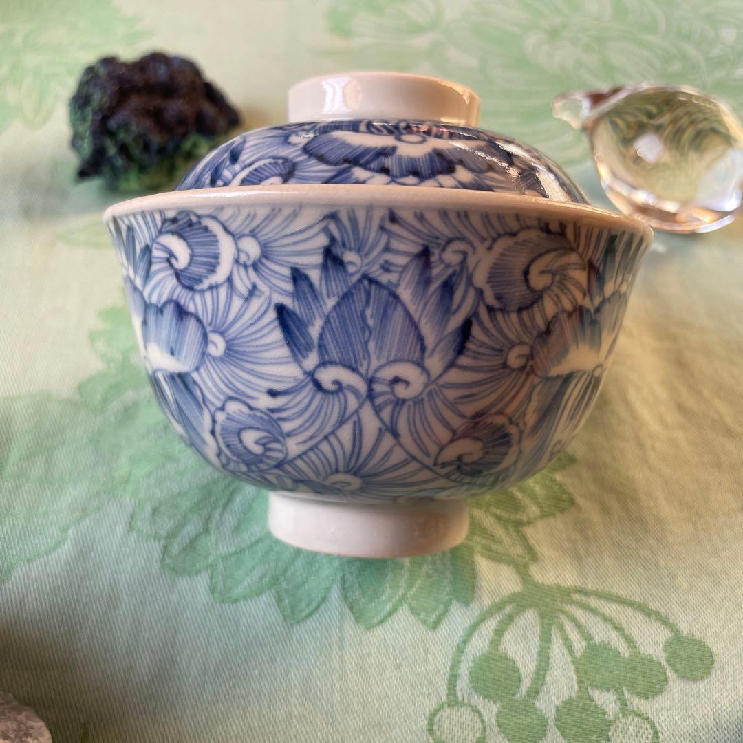 古伊万里　染付　花弁紋　蓋付ご飯茶碗