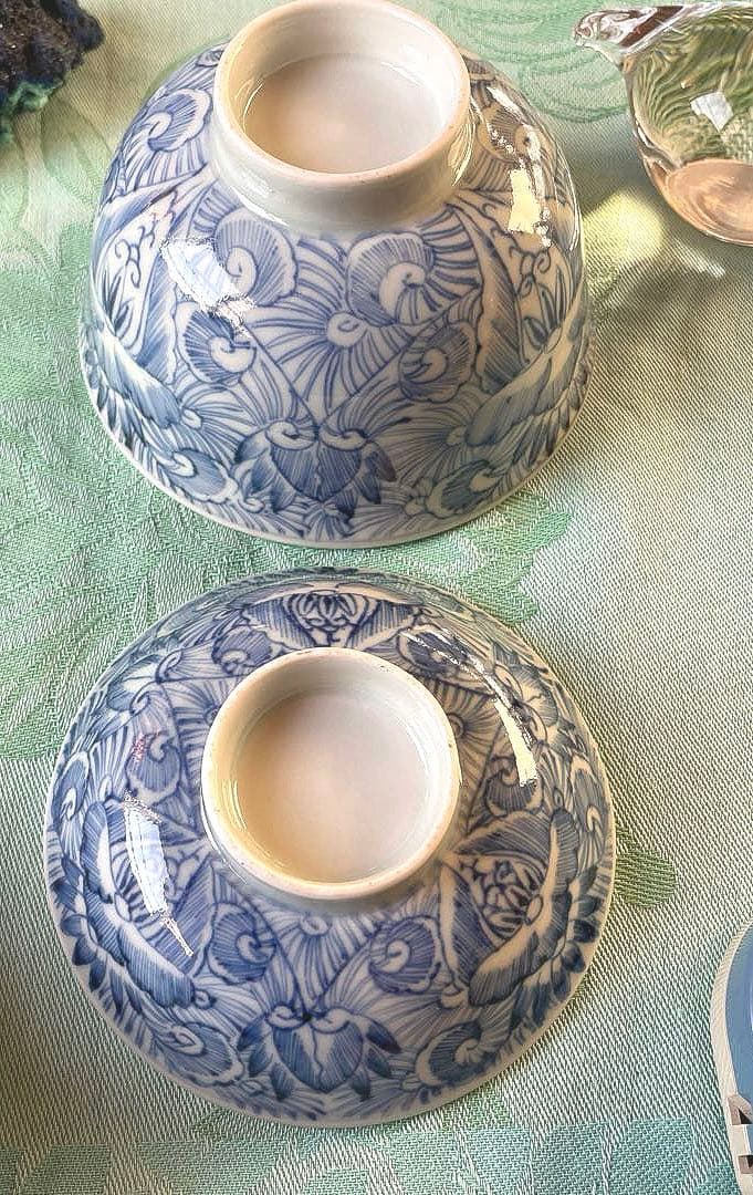 古伊万里　染付　花弁紋　蓋付ご飯茶碗