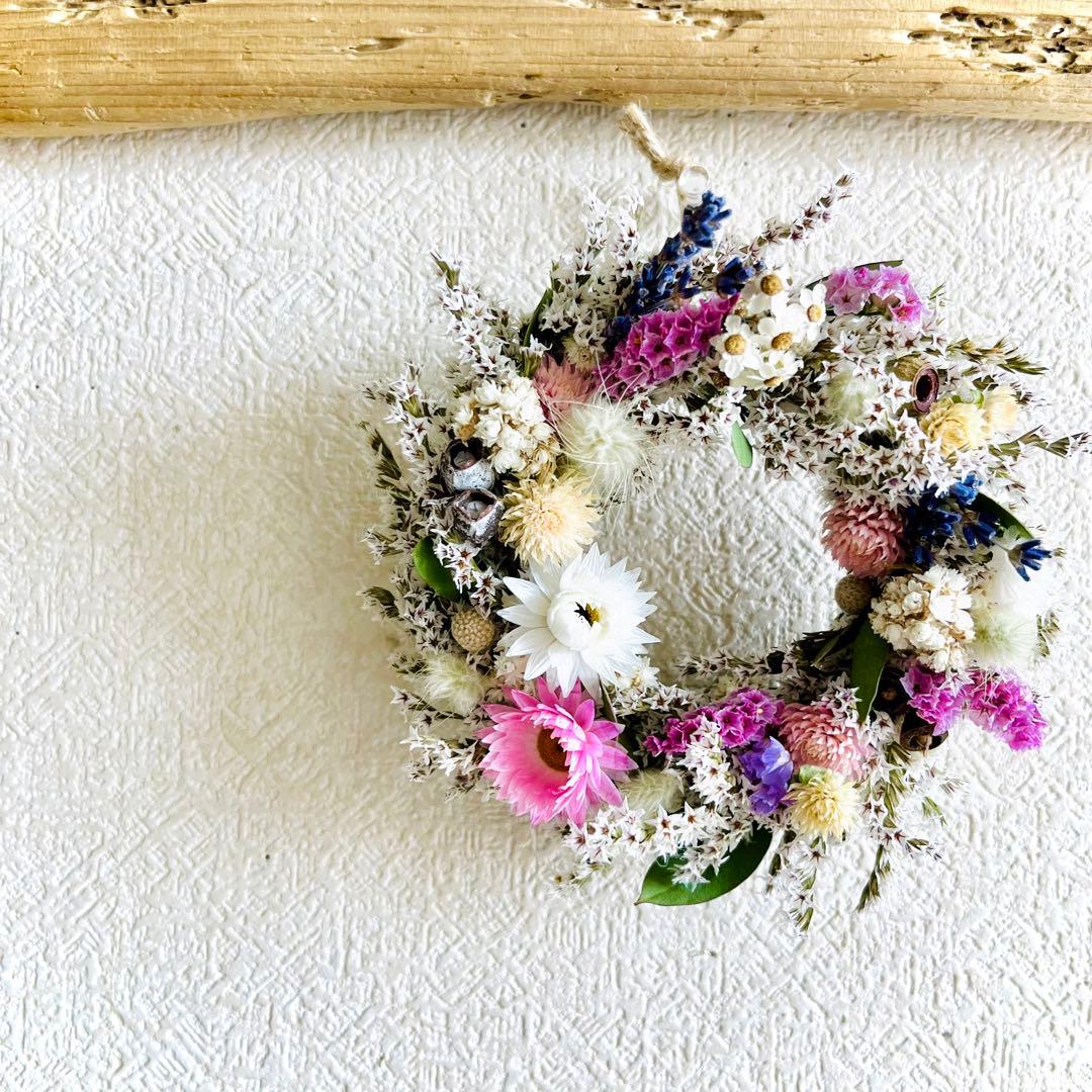 ドライフラワーリース　ドライフラワースワッグ　ユーカリ　ラナンキュラス  紫陽花