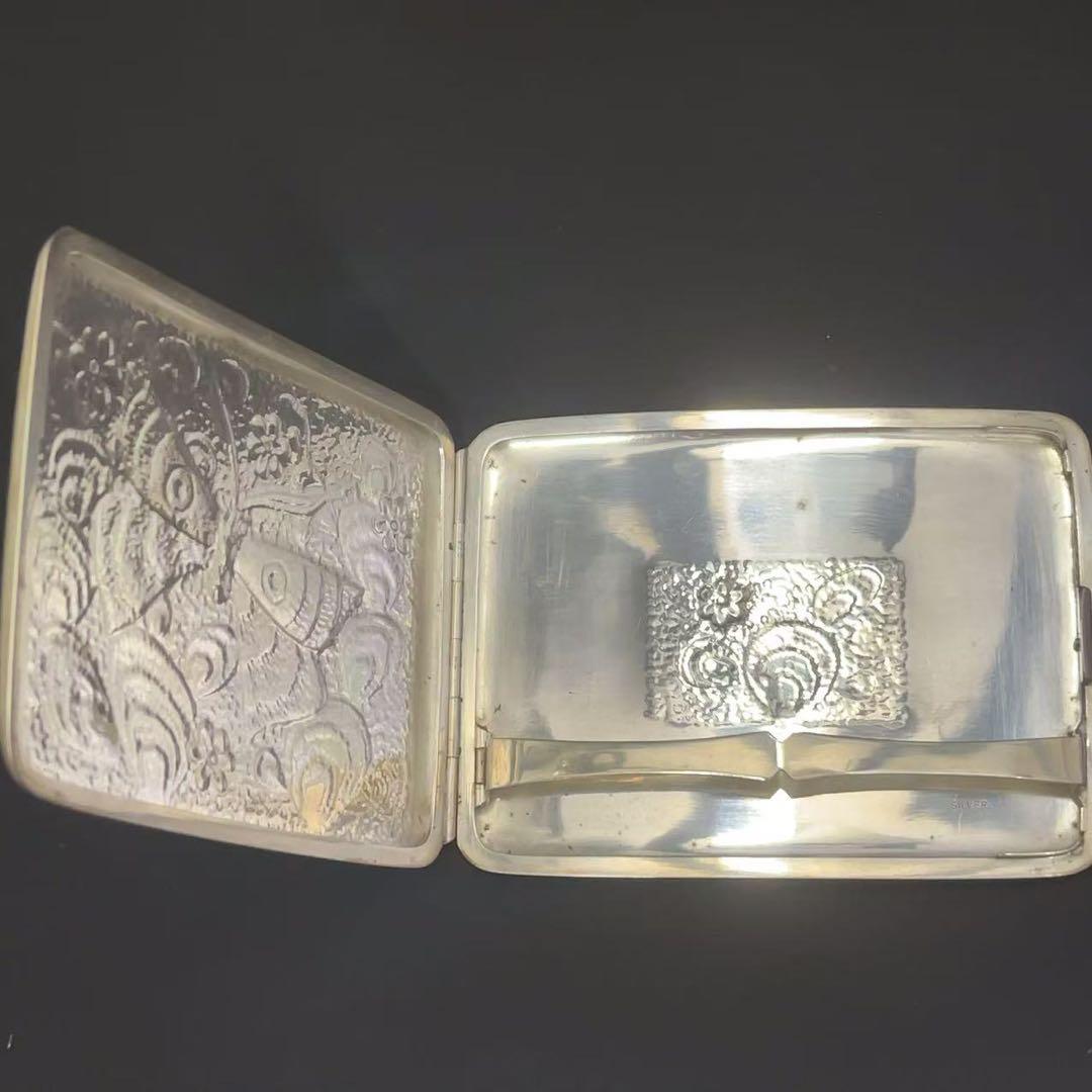 彫金家 岡部達男作 純銀 SILVER製 蛾文 彫刻 シガレットケース