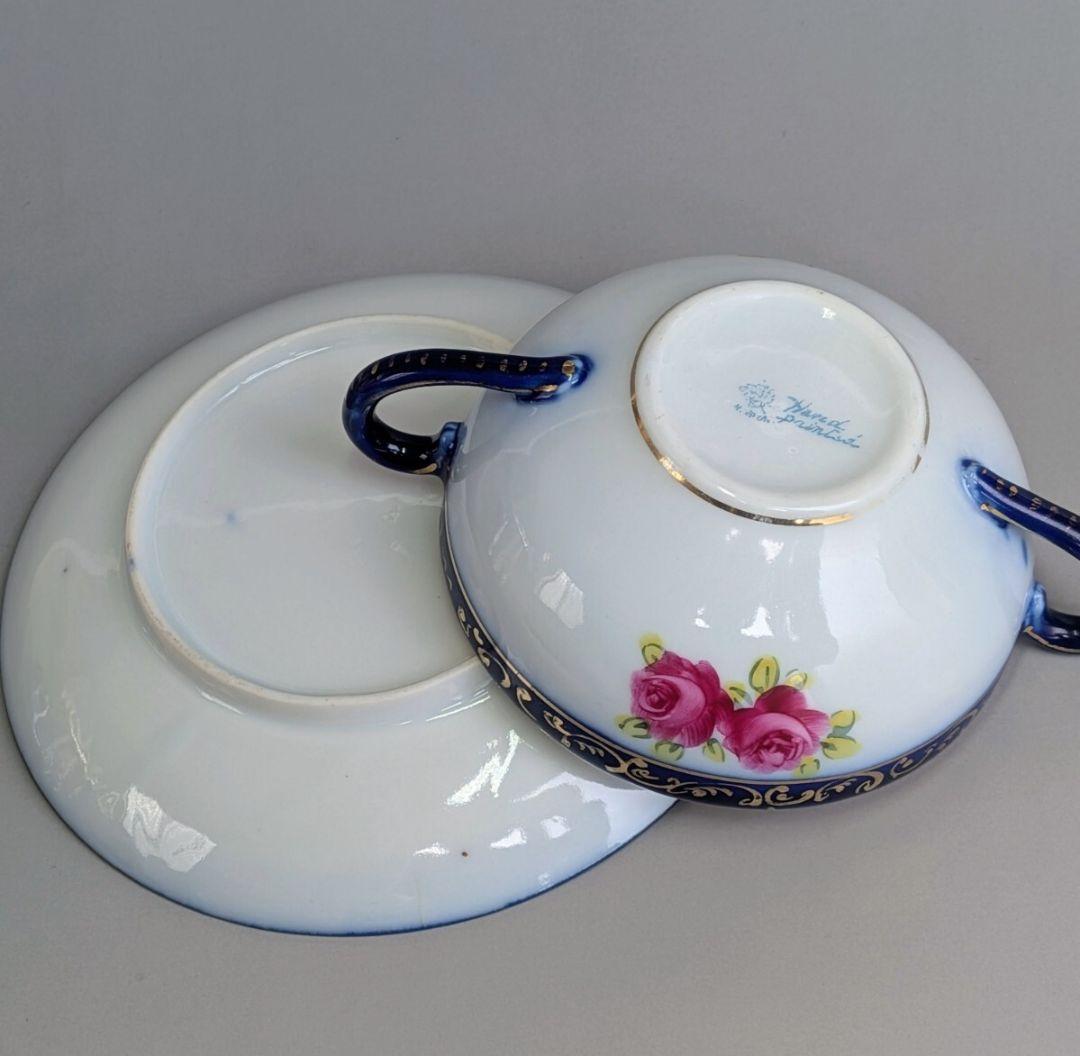 オールドノリタケ メープルリーフ印コバルト金盛上 薔薇文様 カップ＆ソーサー