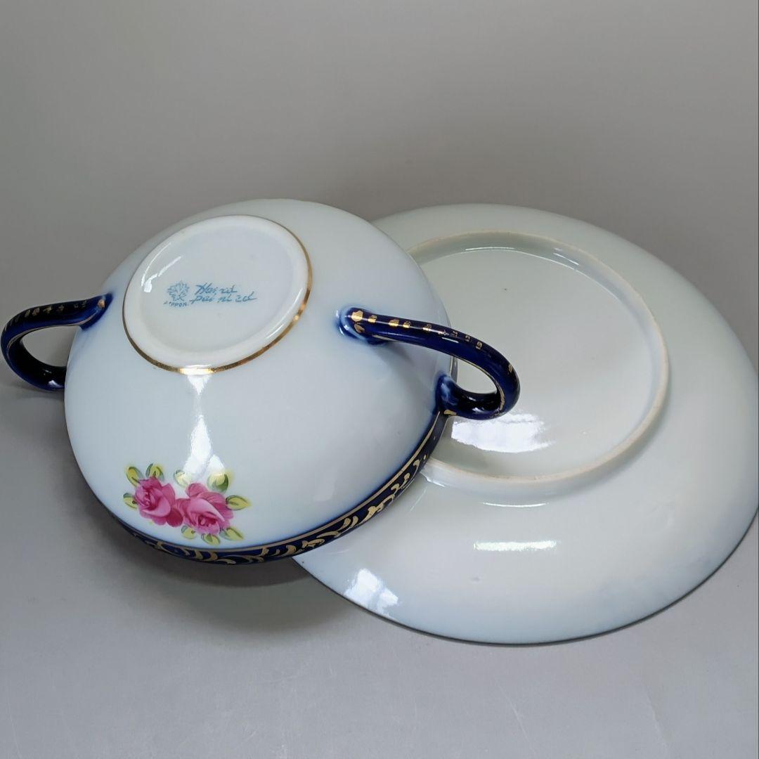 オールドノリタケ メープルリーフ印コバルト金盛上 薔薇文様 カップ＆ソーサー