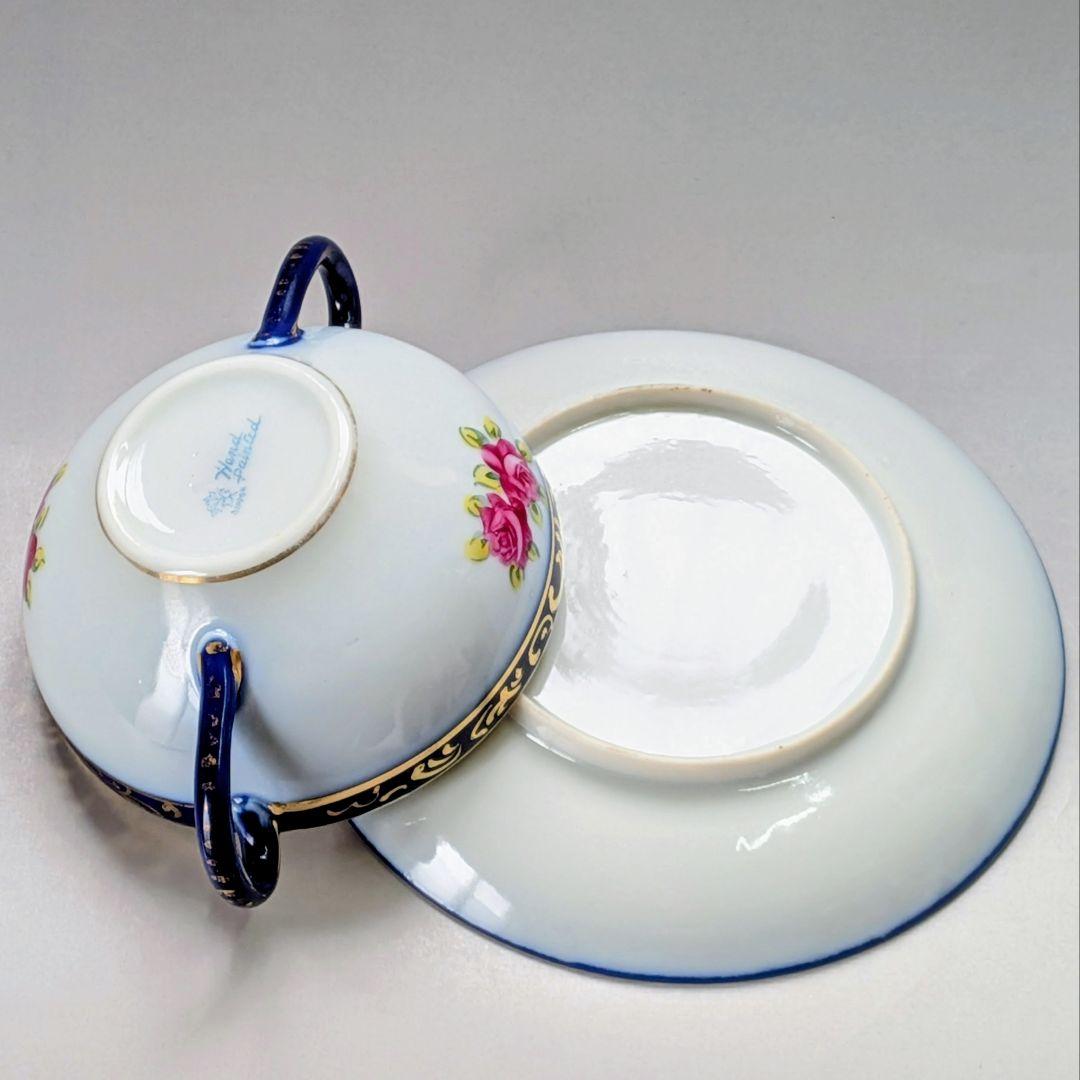 オールドノリタケ メープルリーフ印コバルト金盛上 薔薇文様 カップ＆ソーサー