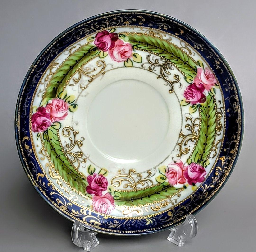 オールドノリタケ メープルリーフ印コバルト金盛上 薔薇文様 カップ＆ソーサー