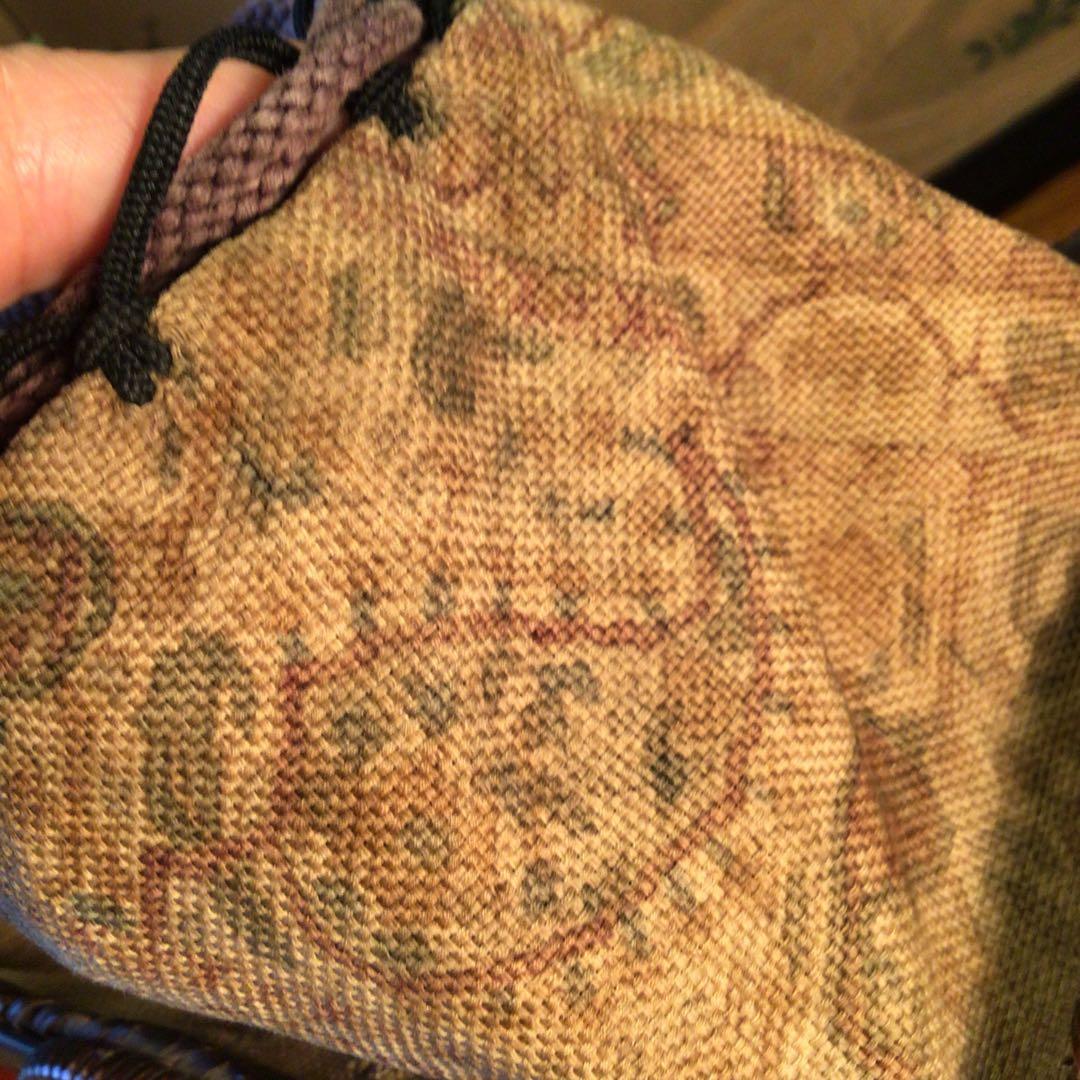 A837 時代巾着茶籠　茶道具　煎茶道具更紗　　竹細工　　銘有り（光寿）仕覆付き