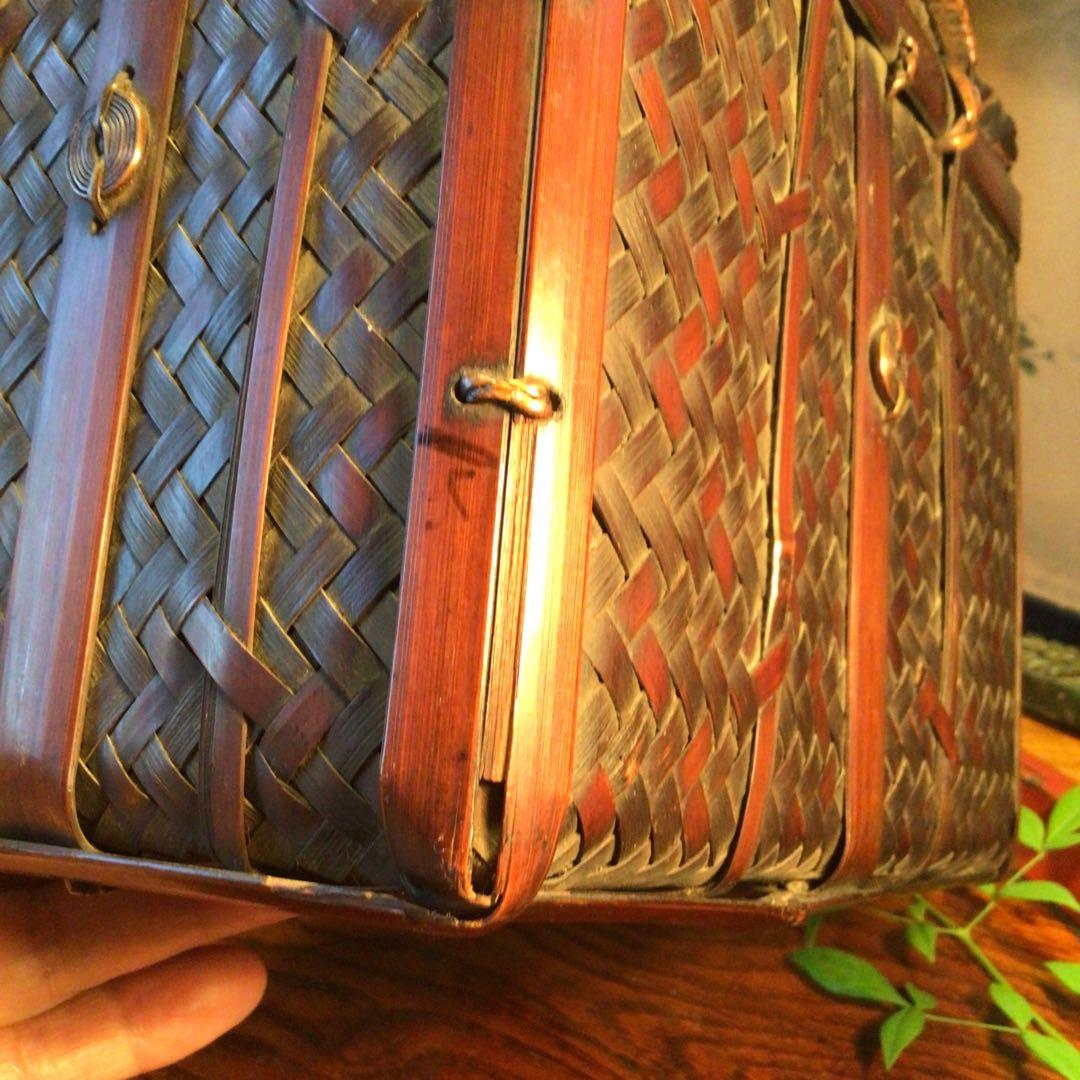 A837 時代巾着茶籠　茶道具　煎茶道具更紗　　竹細工　　銘有り（光寿）仕覆付き