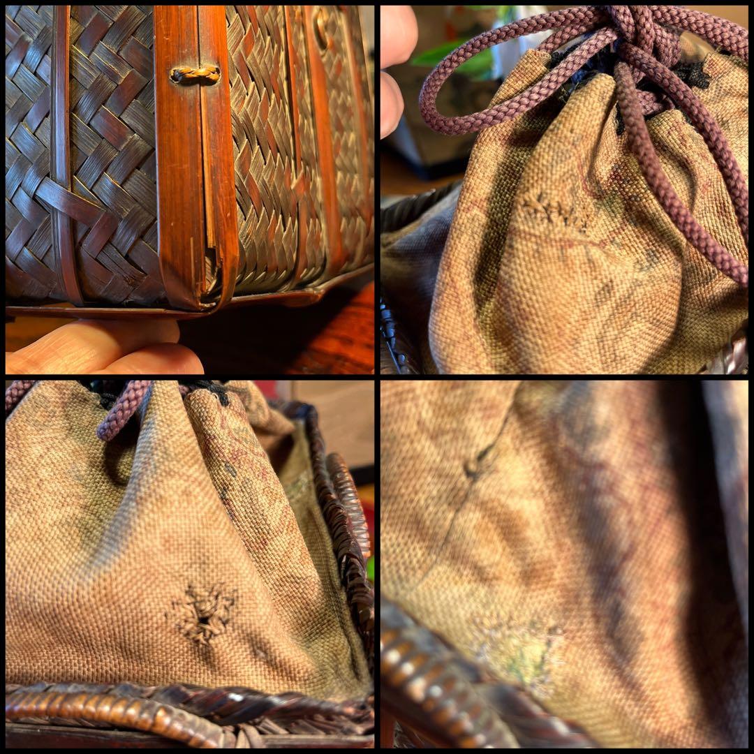 A837 時代巾着茶籠　茶道具　煎茶道具更紗　　竹細工　　銘有り（光寿）仕覆付き
