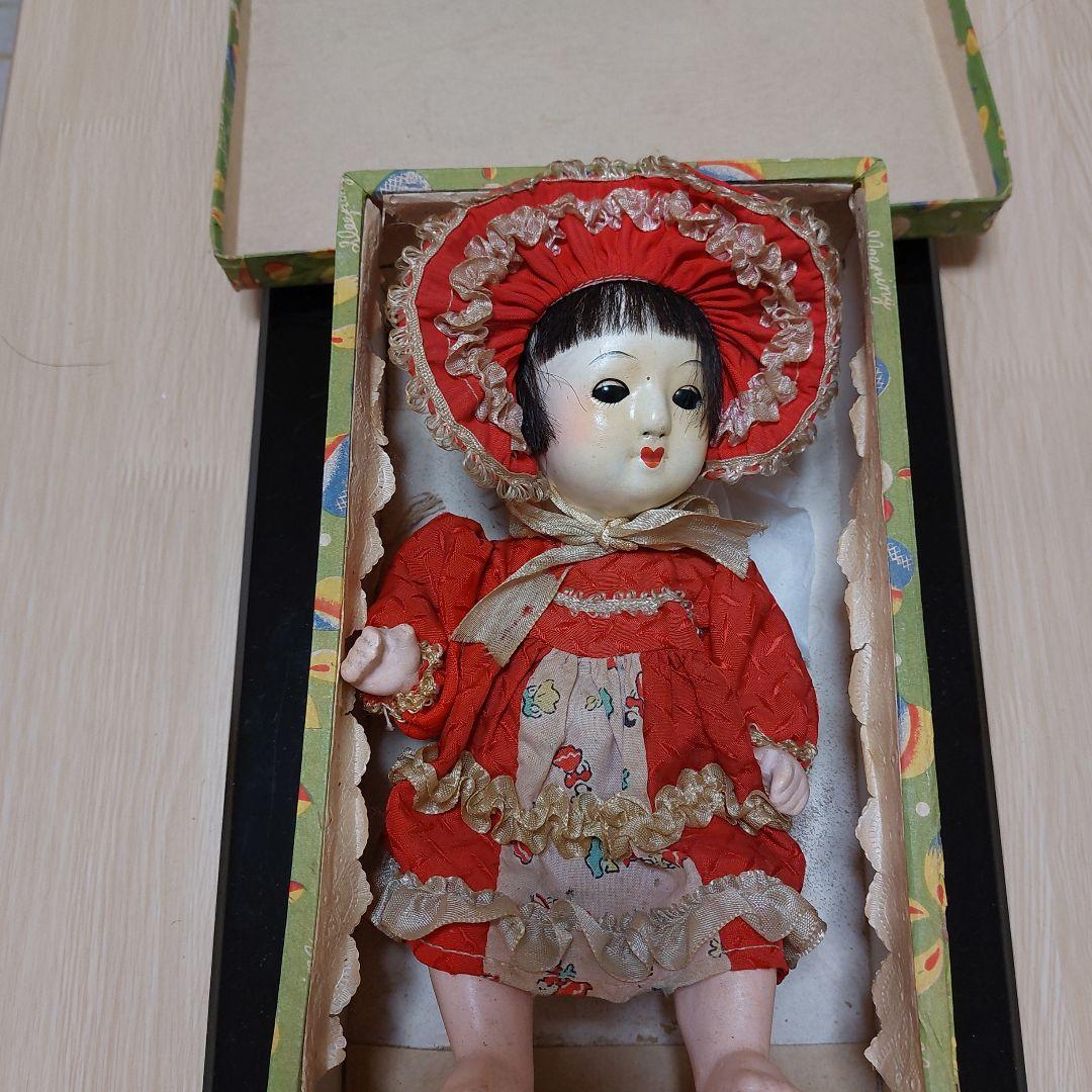 アンティークドール 赤いドレスの人形ビスクドール 箱付き