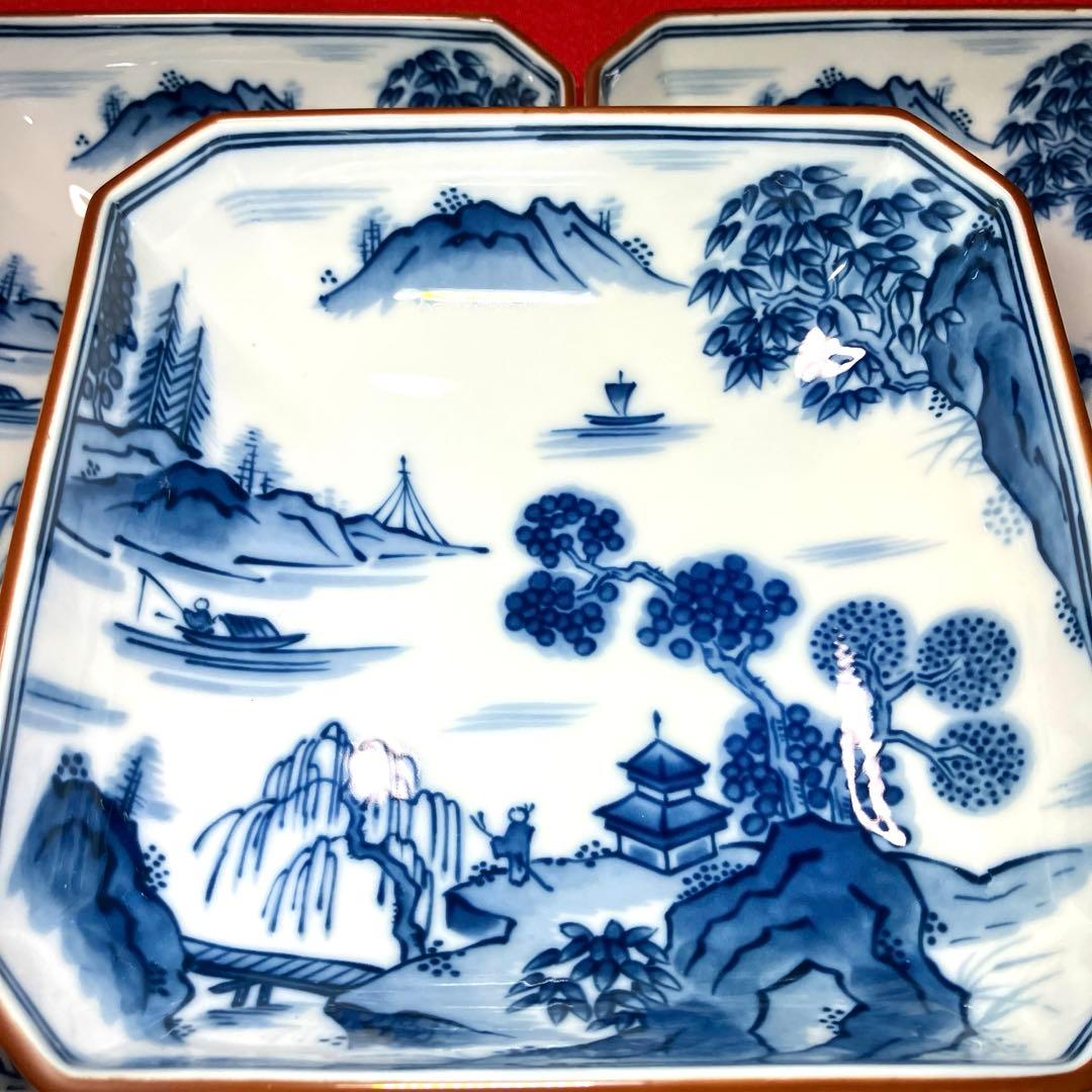 前畑陶器　庫山窯　染付山水画角皿　隅切り皿　銘々皿揃