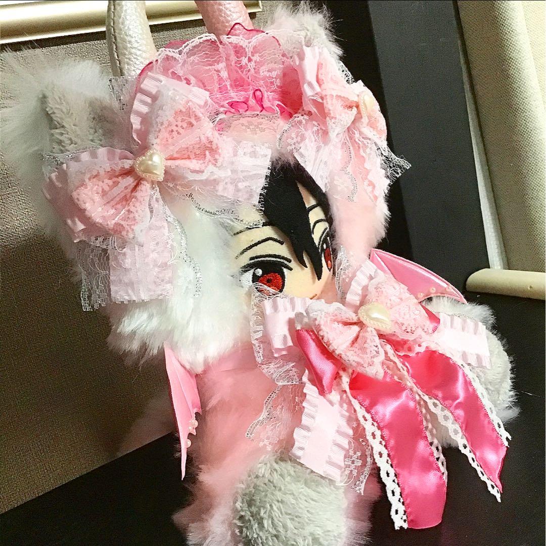 【123】猫　デビル　ピンク×ホワイト　おすわり　ぬい服　16cm 着ぐるみ