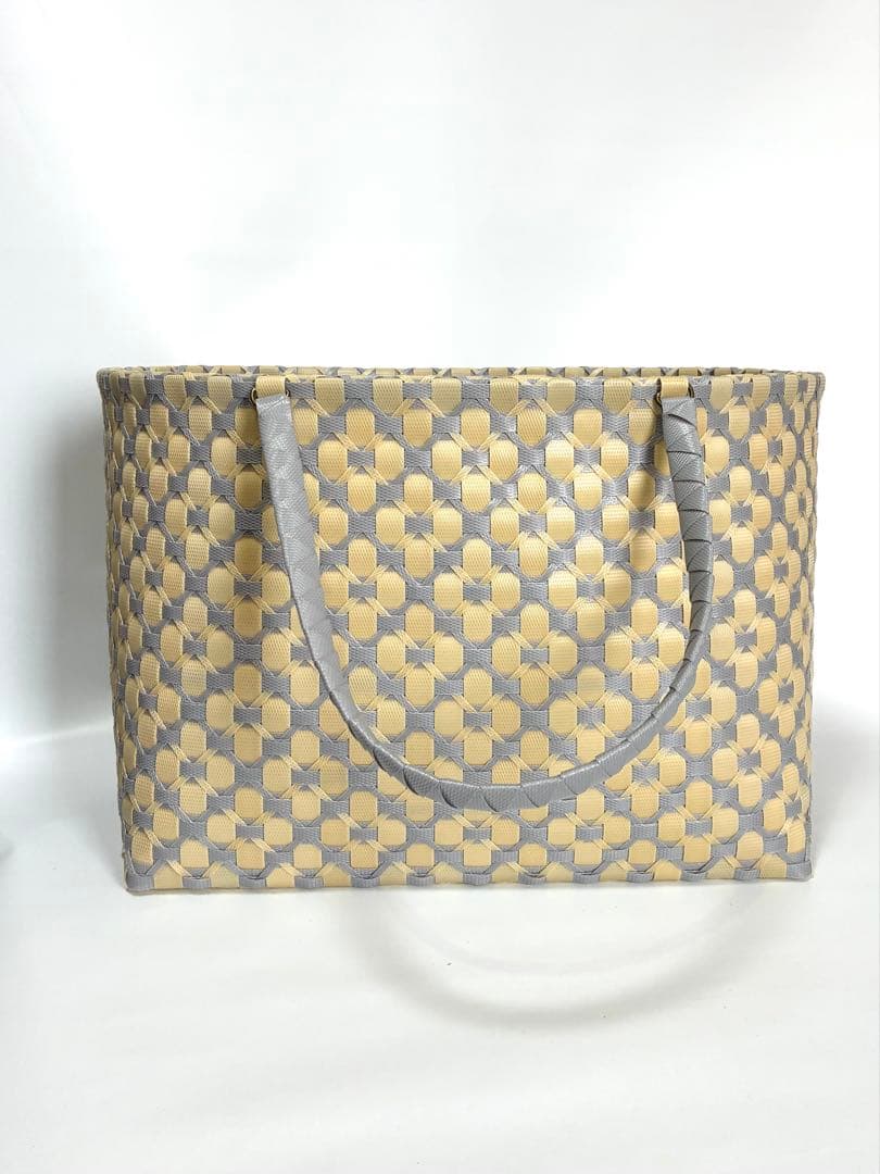 プラかごバッグ★お買い物かご　ベージュxグレー花柄★