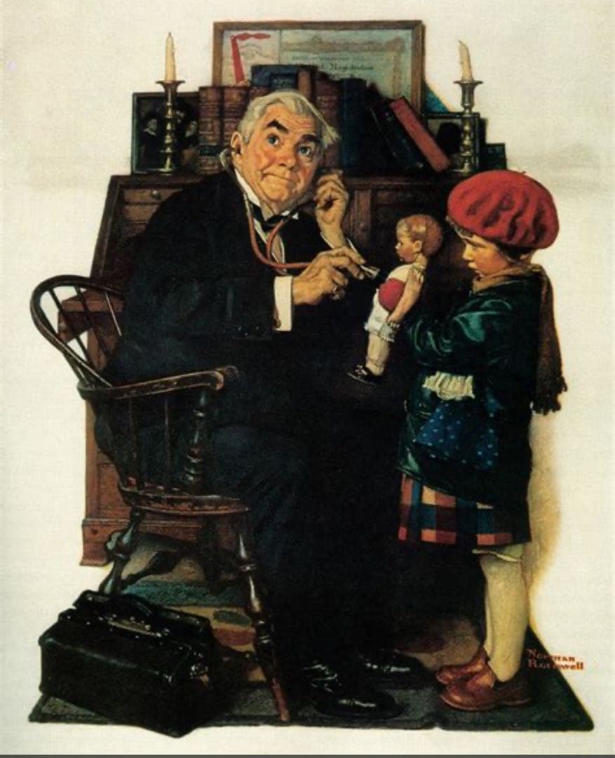 米80年代ノーマンロックウェルの映画のワンシーンのような芸術作品「医者と人形」