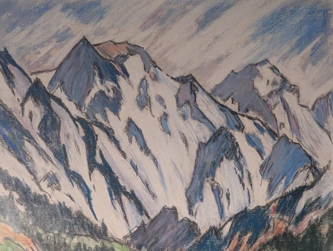 【真作】絵画　福原三郎　パステル画　初夏の白馬連峰　山岳風景画　Z99