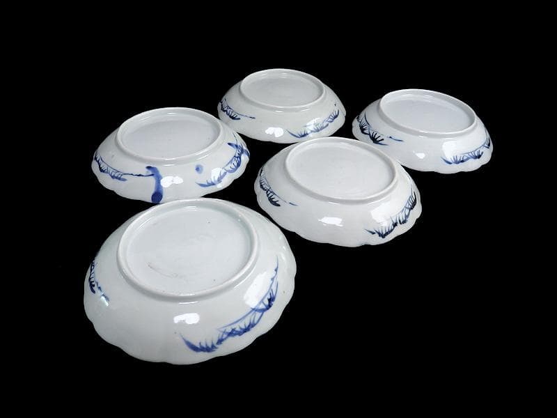 古伊万里　染付　墨弾き　撫子に蝙蝠の図 ５寸半皿　５客　252AS-CAx