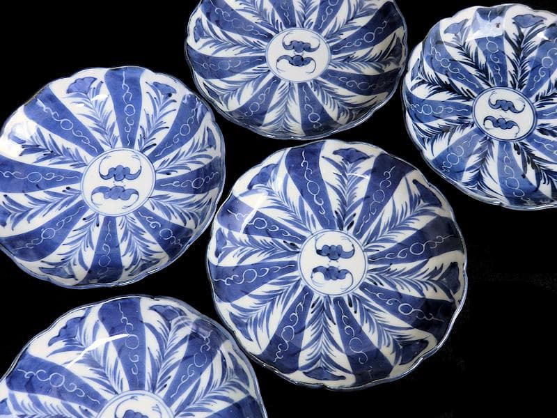 古伊万里　染付　墨弾き　撫子に蝙蝠の図 ５寸半皿　５客　252AS-CAx