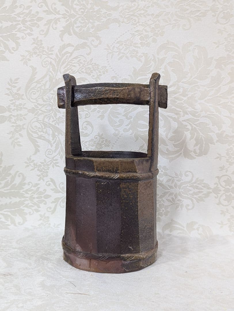 【美品★名作】山下譲治作 備前 手桶形 花入 花器　共箱付