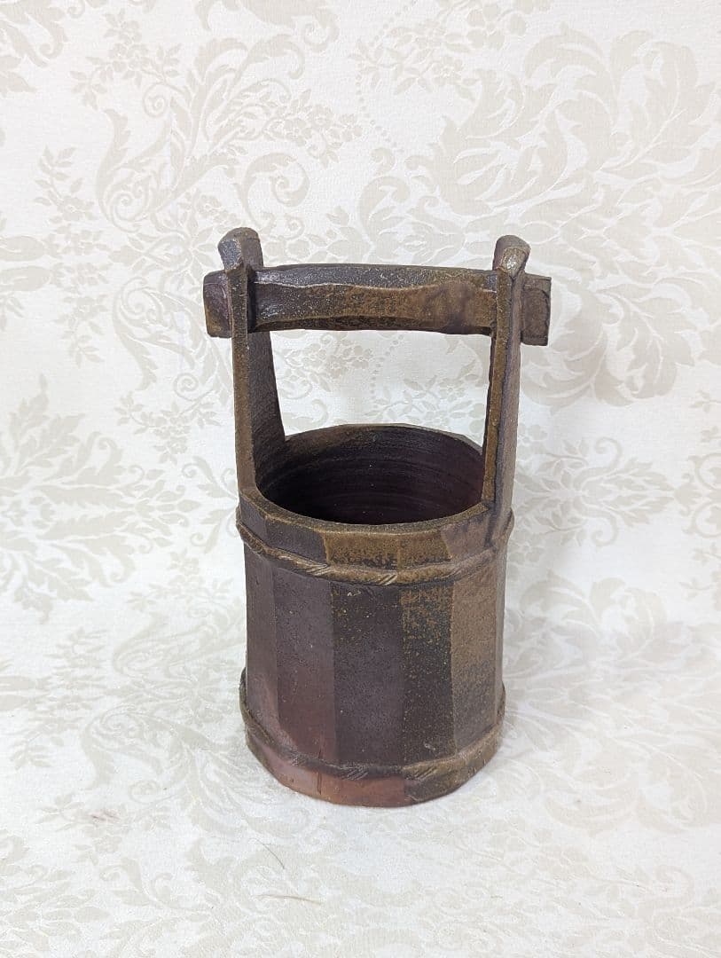 【美品★名作】山下譲治作 備前 手桶形 花入 花器　共箱付
