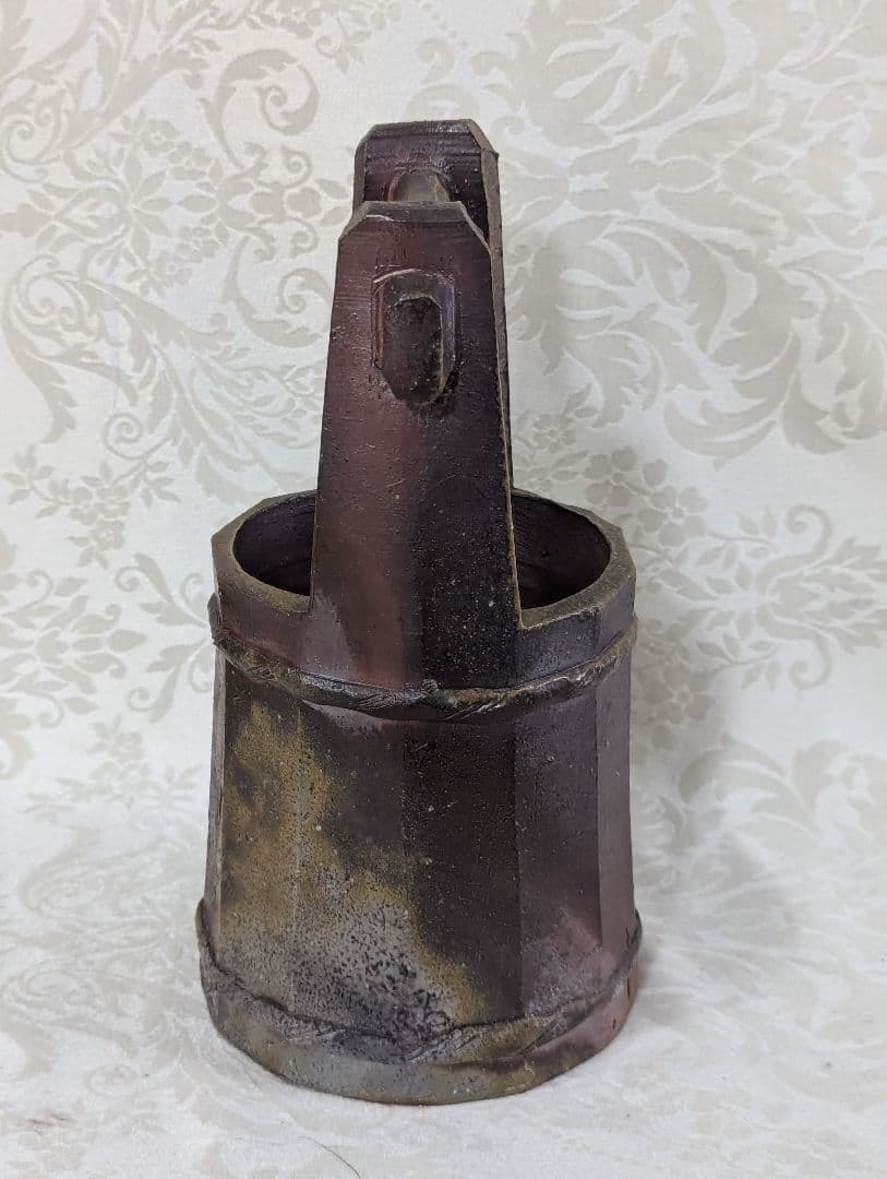 【美品★名作】山下譲治作 備前 手桶形 花入 花器　共箱付