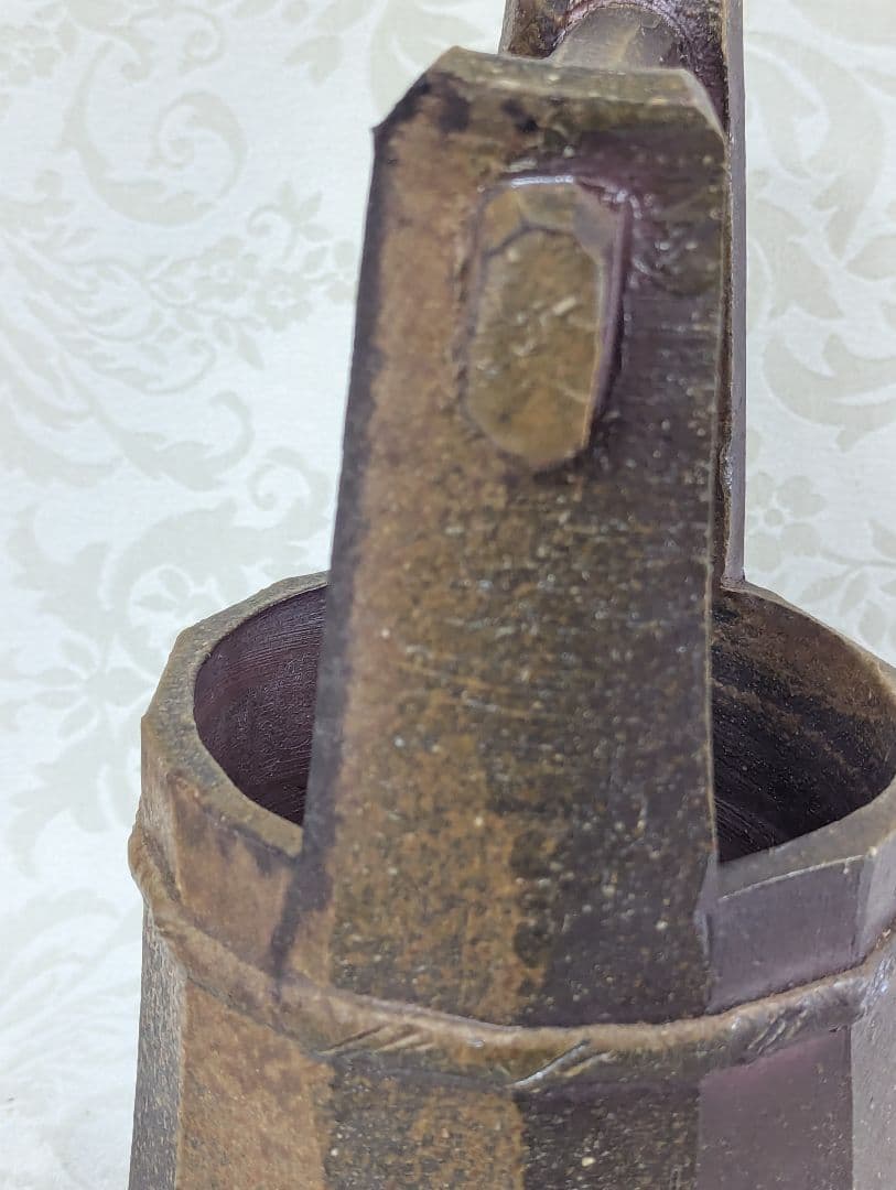 【美品★名作】山下譲治作 備前 手桶形 花入 花器　共箱付