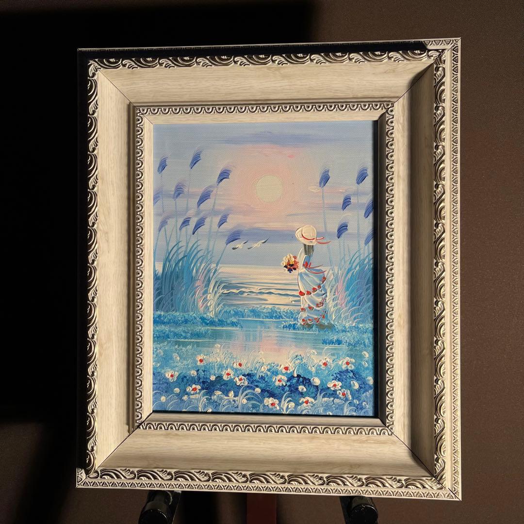 手書き油絵 海を眺める少女 額付 絵画 インテリア 油彩画