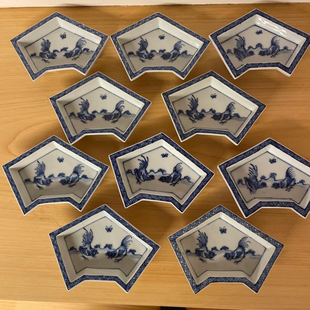 宮永東山　菁華鶏図　結文形小皿　10客　共箱あり　魯山人向附向付