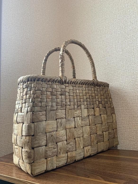 胡桃　くるみかごバッグ　手作り　胡桃籠バッグ　市松編み　Lサイズ　内布あり