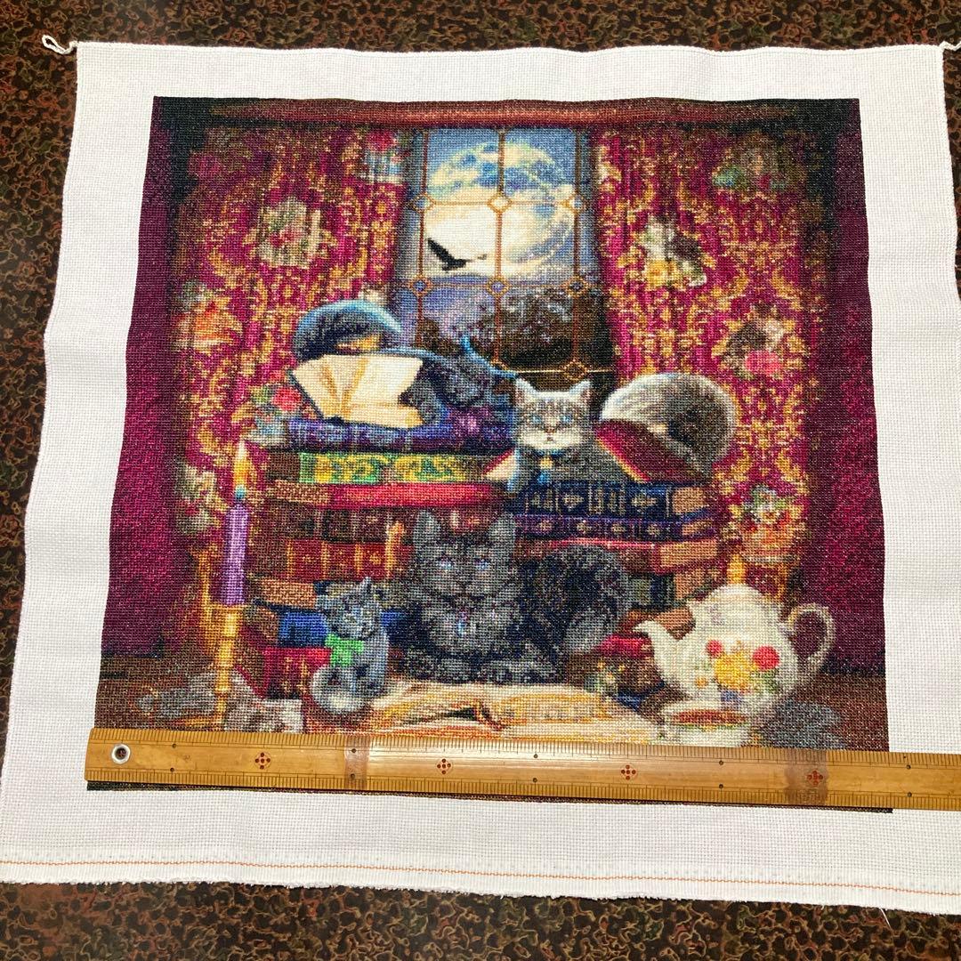 猫と本の風景 刺繍作品 クロスステッチ完成品