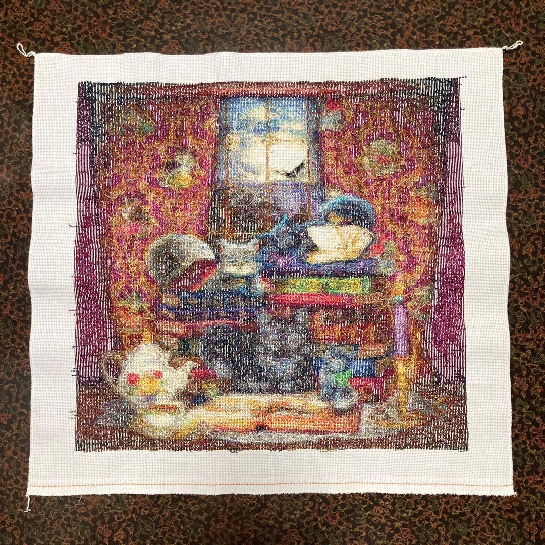 猫と本の風景 刺繍作品 クロスステッチ完成品
