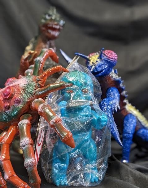 ジャイアントゴジラ＆ミニラ＆カマキラス＆クモンガ（ブルマァク他）ソフビ４体セット