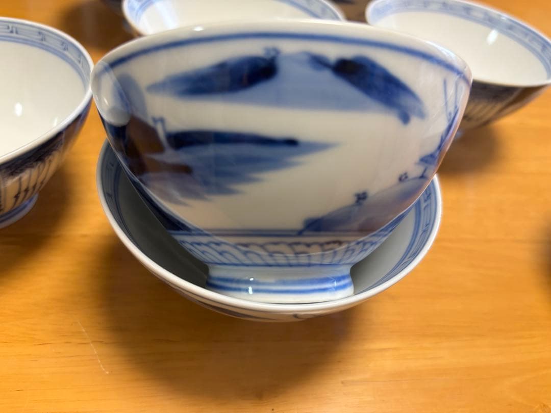 昭和上級手書き染付けご飯茶碗　7客